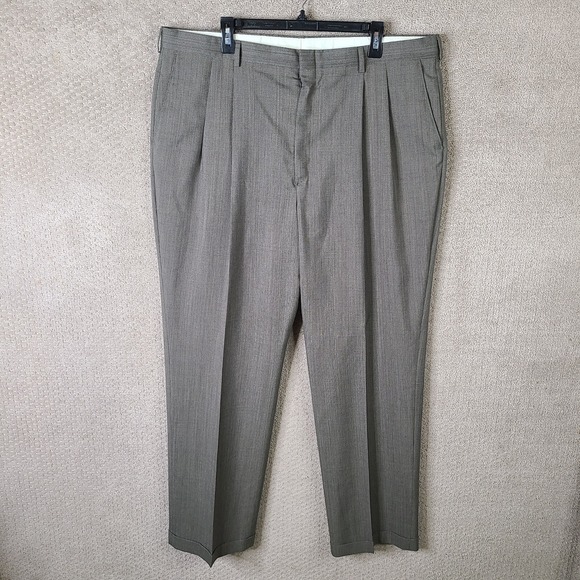Haggar Pants Mens 42x32 (40x32) Beige Plaid Worsted Wool Blend Pleated Trouser‎ - Picture 1 of 12